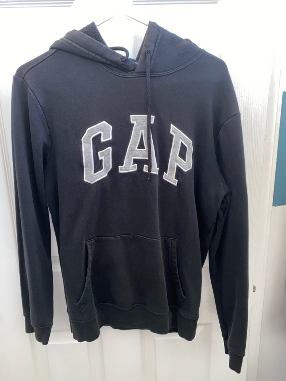 GAP Men's Black Crewneck Hoodie with White Logo